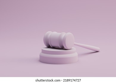 Judgment In The Courtroom. Holding A Big Auction. Pink Hammer Lying On A Stand On A Pastel Background. Copy Paste, Copy Space. 3d Render. 3d Illustration