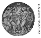 Judgment of Paris, Monogrammist AC (16th century), after Hans Sebald Beham, 1520 - 1562 In circle Paris with a ball at his foot, together with three goddesses and Mercury.