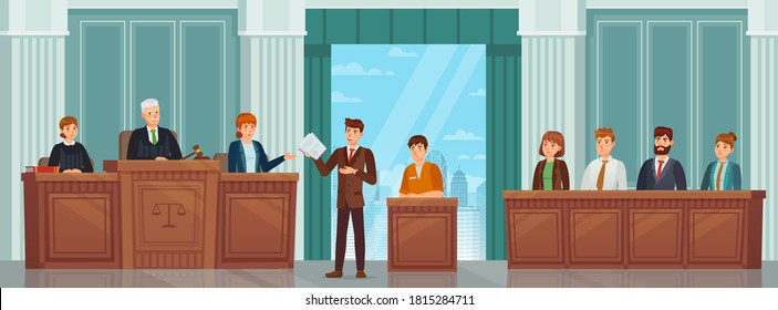 Judicial Process. Public Hearing And Criminal Procedure In Court Or Tribunal With Judges, Lawyer And Jury. Courtroom Interior  Concept. Attorney Giving Speech To Judge, Convict Sitting