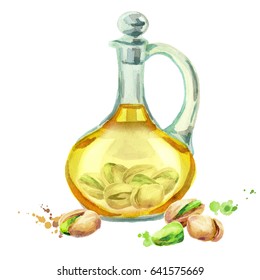 Jug with pistachio oil. Watercolor