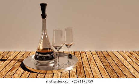 Jug of wine and empty glasses on a stainless tray. - Powered by Shutterstock