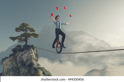 Juggler is balancing on rope with a bike between two mountains. This is a 3d render illustration