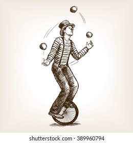 Juggler Man On Retro Vintage Old Unicycle Sketch Style Raster Illustration. Old Hand Drawn Engraving Imitation. Juggler Circus On A Unicycle