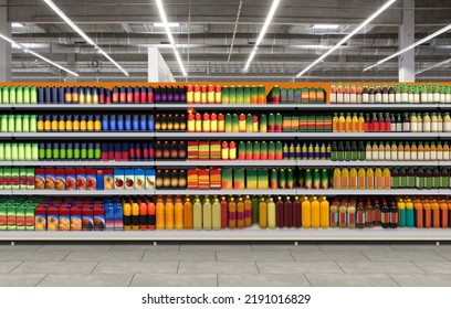 Juice Bottles On Shelf Of At Supermarket. Mockup 3D Illustration Is Suitable For Presenting New Juice Packaging Or Label Designs Among Many Others