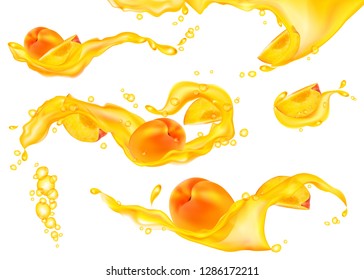 Juice splash with peaches. Set of flows of liquid with drops and fruit. 3d illustration. Realistic raster elements for your design.