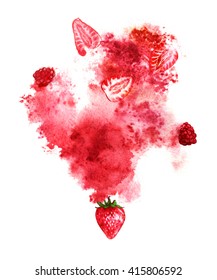 Juicy berries and red splash on white background. Hand-painted watercolor illustration