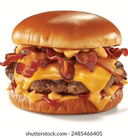  Juicy burger meat grilled to perfection, covered in a generous layer of melted cheddar cheese. Crispy bacon intertwines with the meat, adding an irresistible smoky flavor. - Powered by Shutterstock