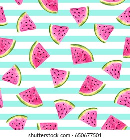 Juicy delicious slices of watermelon on a white background in blue stripes.Watercolor drawing.Seamless pattern.The illustration is ideal for printing on clothing, fabric, wallpaper,and other surfaces.