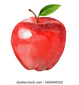 Juicy red apple with green leaf.
