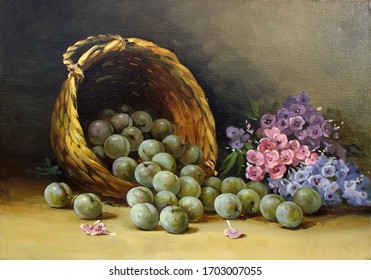 Juicy, Ripe Plums In A Basket And Phlox,oil Painting, Fine Art, Still Life, Background, Fruit, Flowers, Summer