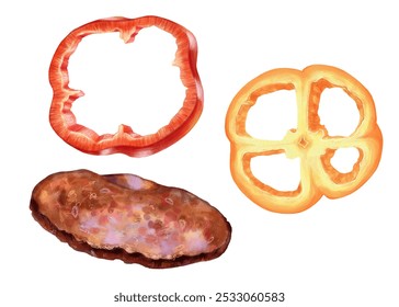 Juicy sausage and two slices of red bell pepper against a neutral background.Can be use for menus, cookbooks, or articles related to fast food, diners, restaurants, Mexican cuisine or grocery shopping - Powered by Shutterstock