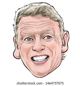 July 30, 2019 Caricature Of David William Moyes Is An Italian Former Professional Footballer, Football Manager Portrait Drawing Illustration.