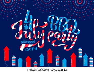 July 4th BBQ Party lettering invitation to American independence day barbeque with July 4th decorations, stars, flags, fireworks on blue background. hand drawn illustration - Powered by Shutterstock