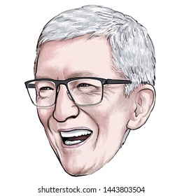 July 7, 2019 Caricature Of Tim Cook CEO Apple American Businessman Portrait Drawing Illustration.