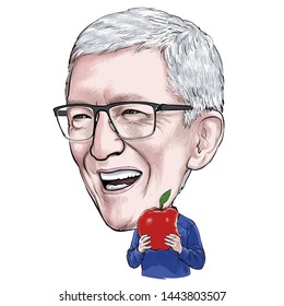 July 7, 2019 Caricature Of Tim Cook CEO Apple American Businessman Portrait Drawing Illustration.