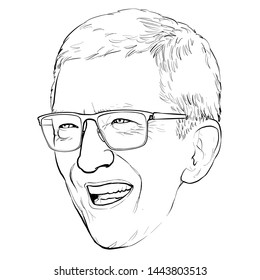 July 7, 2019 Caricature Of Tim Cook CEO Apple American Businessman Portrait Drawing Illustration.