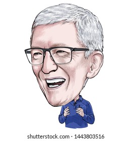 July 7, 2019 Caricature Of Tim Cook CEO Apple American Businessman Portrait Drawing Illustration.