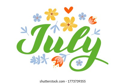 July Month Name Handwritten Lettering Flat Stock Illustration ...