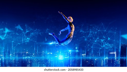 Jumping 3D Humanoid AI Robot Metaverse Smart City Digital World Background, Revolution Of AI Artificial Intelligence Automated Digital Technology NFT Game Concept, 