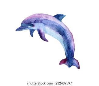 Jumping blue dolphin, watercolor painted illustration.