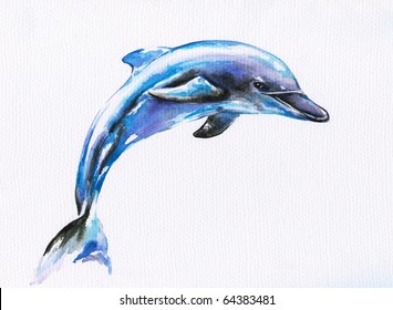 Jumping blue dolphin watercolor painted.