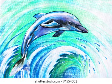 Jumping blue dolphin.Picture I have created with watercolors and colored pencils.