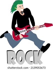 Jumping guitarist with green hair style