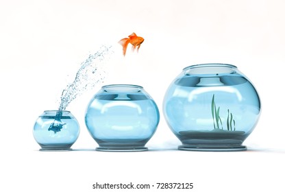 Jumping to the highest level - goldfish jumping in a bigger bowl - aspiration and achievement concept. 3d render illustartion