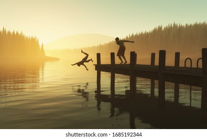 Jumping Into The Lake From A Pontoon During Sunset . This Is A 3d Render Illustration . 