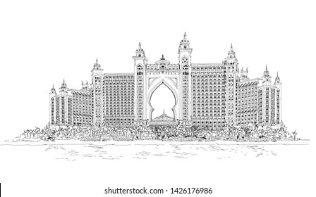 June 11, 2019:  Illustration of the  Atlantis hotel on the Jumeirah Palmin. Dubai, UAE. Very detailed illustration, sketch collection