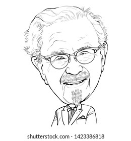 June 13, 2019 Caricature of Harland David Sanders,Colonel Sanders Founders KFC, Kentucky Fried Chicken, Investor, Businessman, Portrait Drawing Illustration.