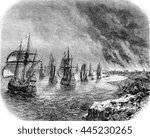 June 1667, The Dutch fleet Sheerness fire in the Thames, vintage engraved illustration. Magasin Pittoresque 1861.
