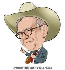 June 23, 2019 Caricature of Warren Edward Buffett, Warren Buffett, Investor , Businessman Millionaire Portrait Drawing Illustration.