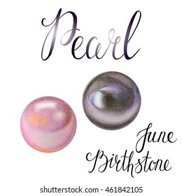 June birthstone Pearl isolated on white background. Realistic illustration of gems drawn by hand with colored pencils.
