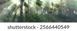 Jungle, beautiful rainforest in the fog, palm trees in the haze, jungle in the morning in the fog, 3D rendering