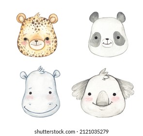 Jungle cartoon baby animals faces of panda, koala, hippo, cheetah, leopard watercolor set, isolated hand drawn images on white background