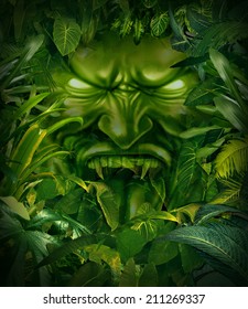 Jungle Fear Nightmare Concept As A Scary Monster Head Emerging Out From A Dark Tropical Rain Forest As A Symbol Of Risk And Exploration Danger.