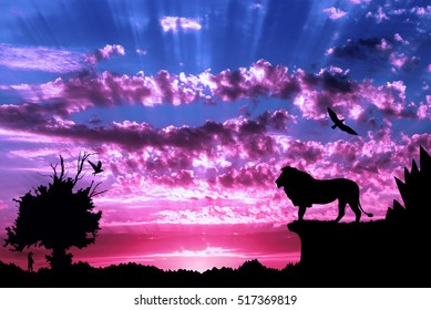 Jungle With Mountains, Old Tree, Birds Lion And Meerkat On Purple Cloudy Sunset Background