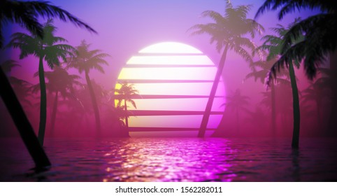 Jungle Neon Background. Vapor Wave Tropical Background Concept. 3d Rendering.