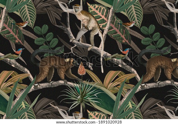 ジャングルの柄の背景に野生の動物のイラスト のイラスト素材