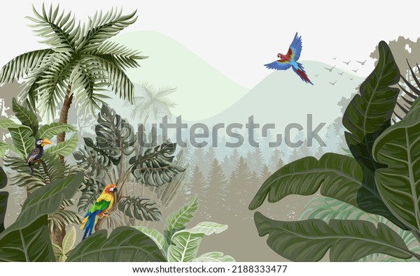 Jungle wallpaper design, tropical trees, landscape\
background, mural\
art.