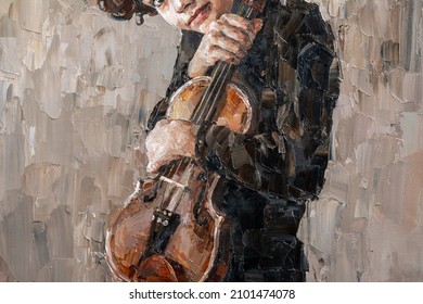 Junior With Violin. The Boy Plays On A Musical Instrument. Oil Painting On Canvas. Contemporary Art.