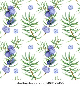 
Juniper. Seamless Pattern Of Juniper Berry On Branch. Organic Essential Oil. Beauty And Spa, Cosmetic Ingredient. Great For Label, Poster, Packaging Design.
