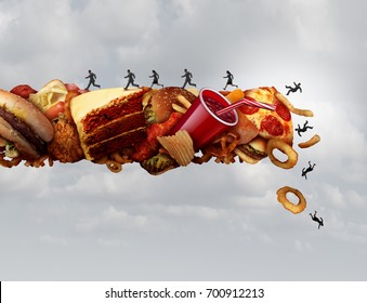 Junk Food Health Risk Nutrition Concept As A Group Of People Running And Falling On A Pile Of High Sugar Sodium And Cholesterol Fat Snacks As A Diet Metaphor With 3D Illustration Elements.