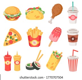 Junk street food. Fast food, doodle takeaway food and snacks, french fries, coffee, pizza. High calorie junk food isolated icons set. Pizza and burrito hamburger, soda fastfood illustration - Powered by Shutterstock