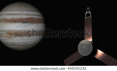 Juno spacecraft flying to Jupiter. 3D Animation of Juno spacecraft with Jupiter in background. 