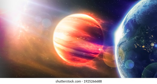 Jupiter And Earth Planet Digital Art, Panoramic View Of Planets In Distant Solar System In Space 3D Rendering Elements Of This Image Furnished By NASA