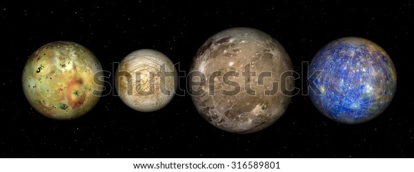 Jupiter and its four satellites\
Callisto,Io,Ganymede,Europa on a black background with stars, high\
resolution. Elements of this image furnished by\
NASA