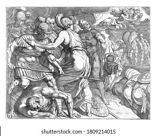 Jupiter and Minerva stop the battle between Odysseus and the Ithacans,  Jupiter stops the battle between Odysseus and the Ithacans, vintage engraving.