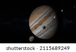 Jupiter at opposition .Galileo Day , The giant planet Jupiter with its four Galilean moons Io, Europa, Ganymede, and Callisto  3d rendering illustration